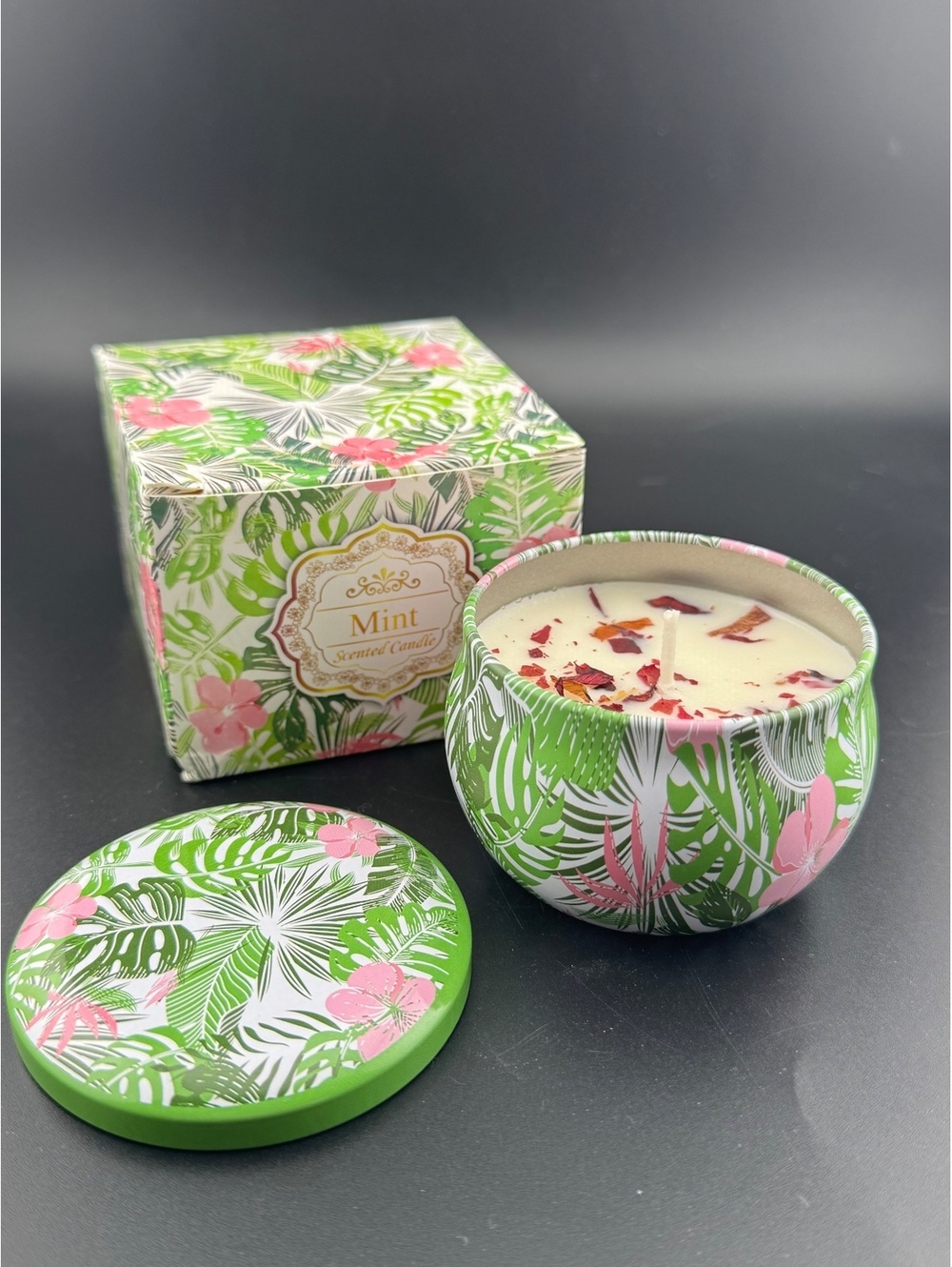 Mint Scented Candle in Decorative Tropical Tin with Lid